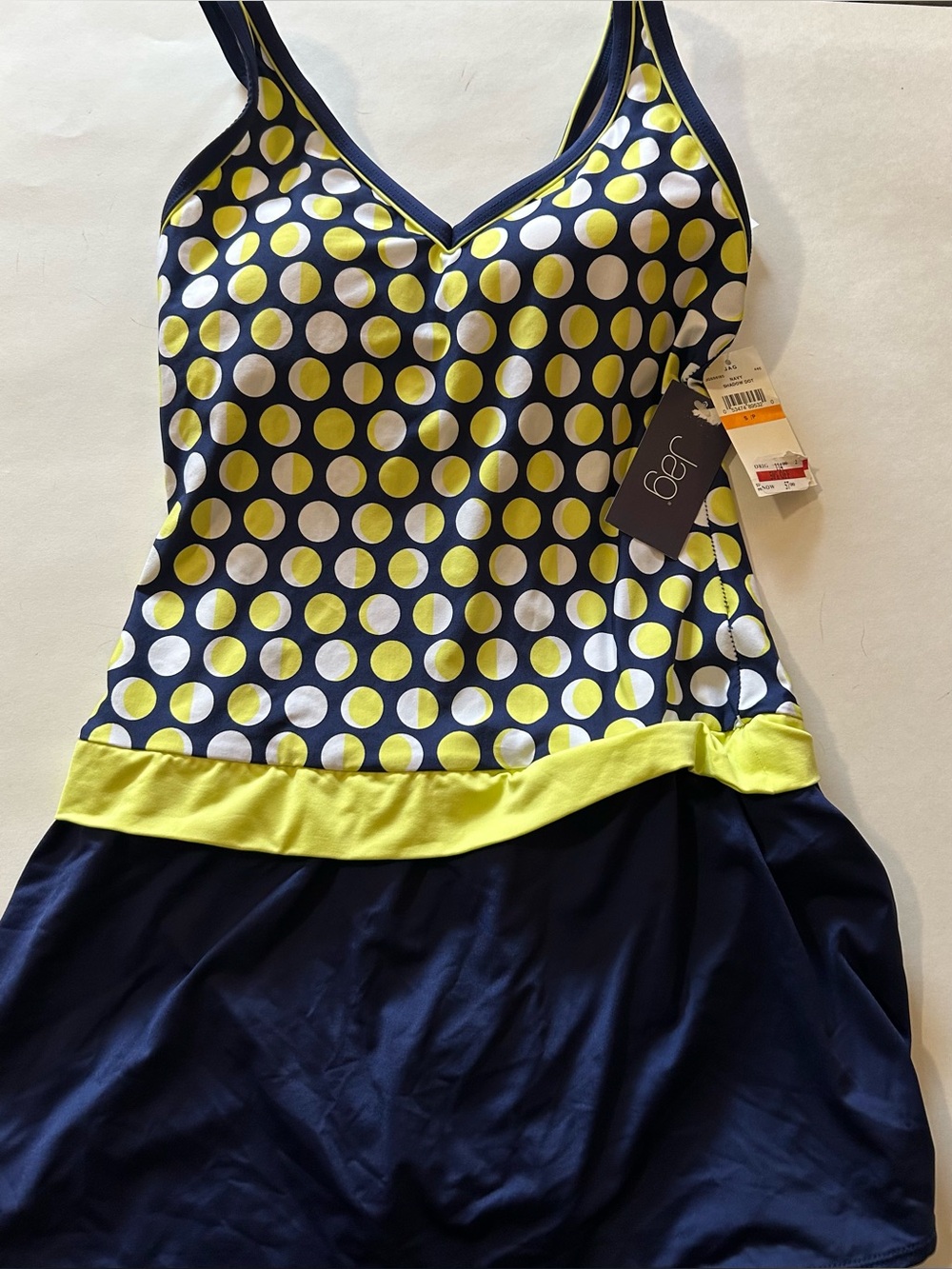 NWT Jag Shadow Dot Navy and Yellow Polka Dot One-Piece Swim Dress